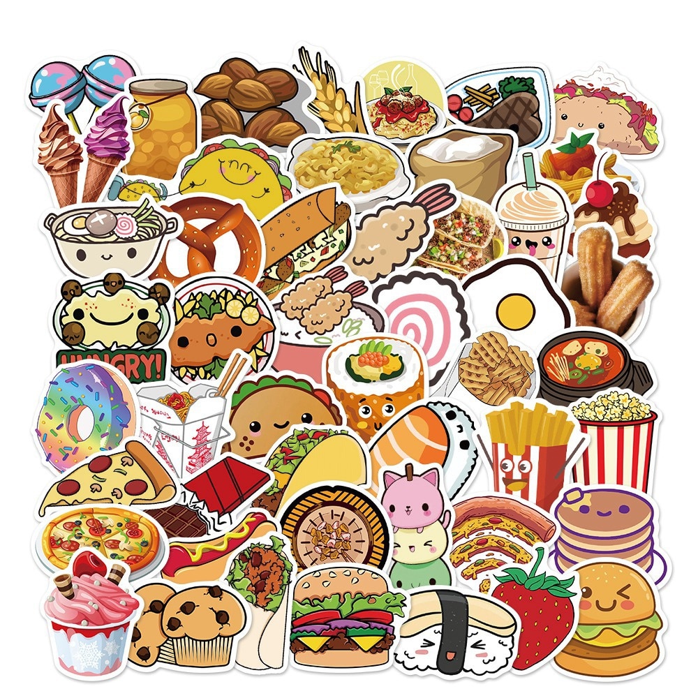 10/30/50Pcs Leuke Voedsel Burger Fries Gourmet Stickers Bagage Laptop Waterdicht Stickers Decoratieve Stickers