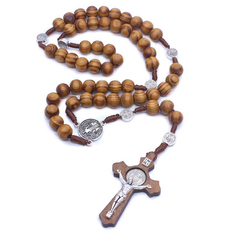 Handgemaakte Ronde Bead Katholieke Rozenkrans Kruis Religieuze Hout Kralen Mannen Ketting Charm E7CB