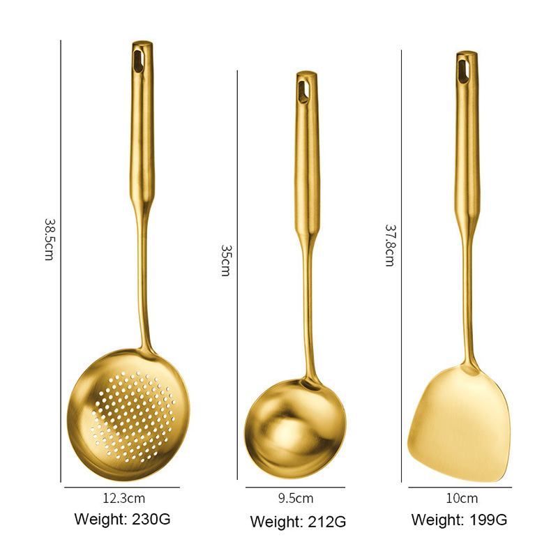 Luxury Golden Stainless Steel Kitchenware Cooking Tools With Storage Rack Kitchen Utensils Set Non-stick Cookware Spatula Spoon: 3 pcs set-2