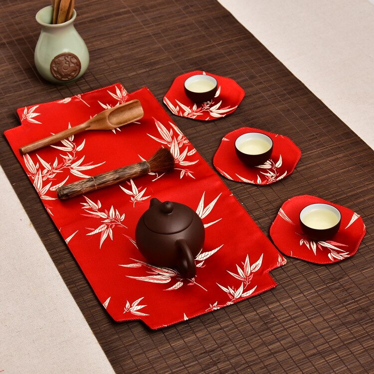 Chinese tea banquet tea tray mat tea mat small table flag fabric tea coaster dry brewing tea art retro tea towel 48X22cm: bamboo leaves-2