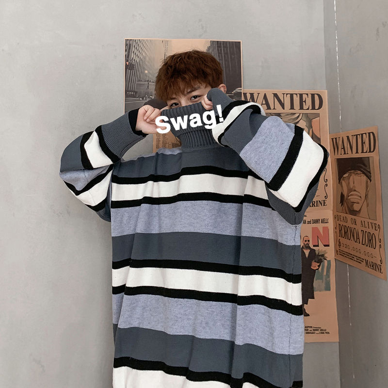 Vinter randig turtleneck tröja herr varma casual stickad tröja män vilda lös koreanska stickning tröjor herrkläder