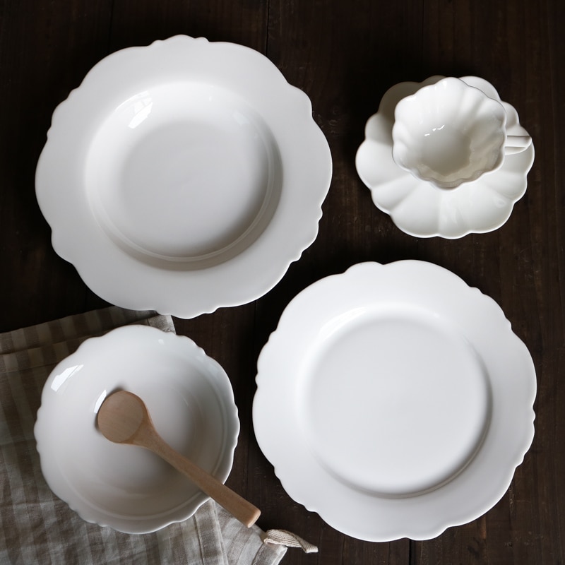 Assiette porcelaine dentelle blanche Vintage, plat occidental, plat profond, pétale à café, bol