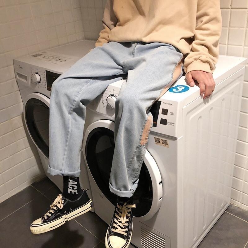 Men Jeans Autumn Male Bottoms Patchwork Outwear Straight Oversize 3XL Korean Trendy Ulzzang Chic Ins All-match Daily