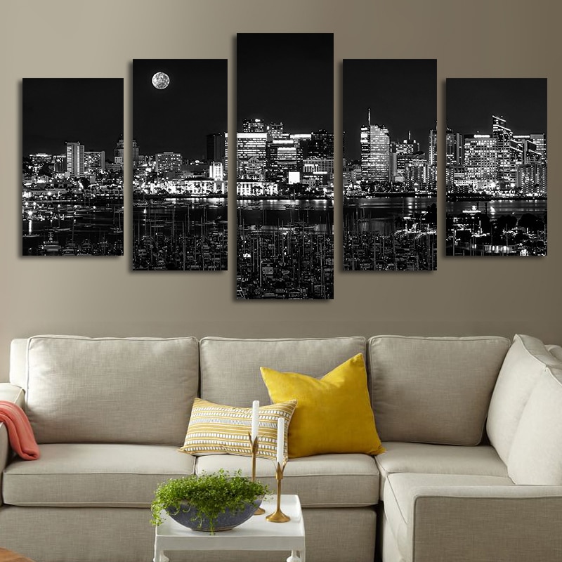 Quadros decoração moderna poster 5 peças, preto e branco, cidade noturna, pintura em tela, imagens de arte para parede, sala de estar