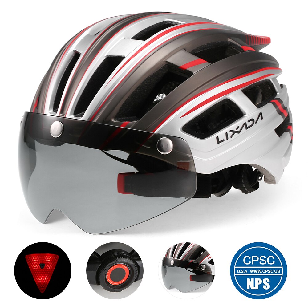 Lixada mountainbikehelm, motorhelm met achterlicht, afneembaar magnetisch vizier, uv-beschermend voor mannen en vrouwen.: Zilver en rood