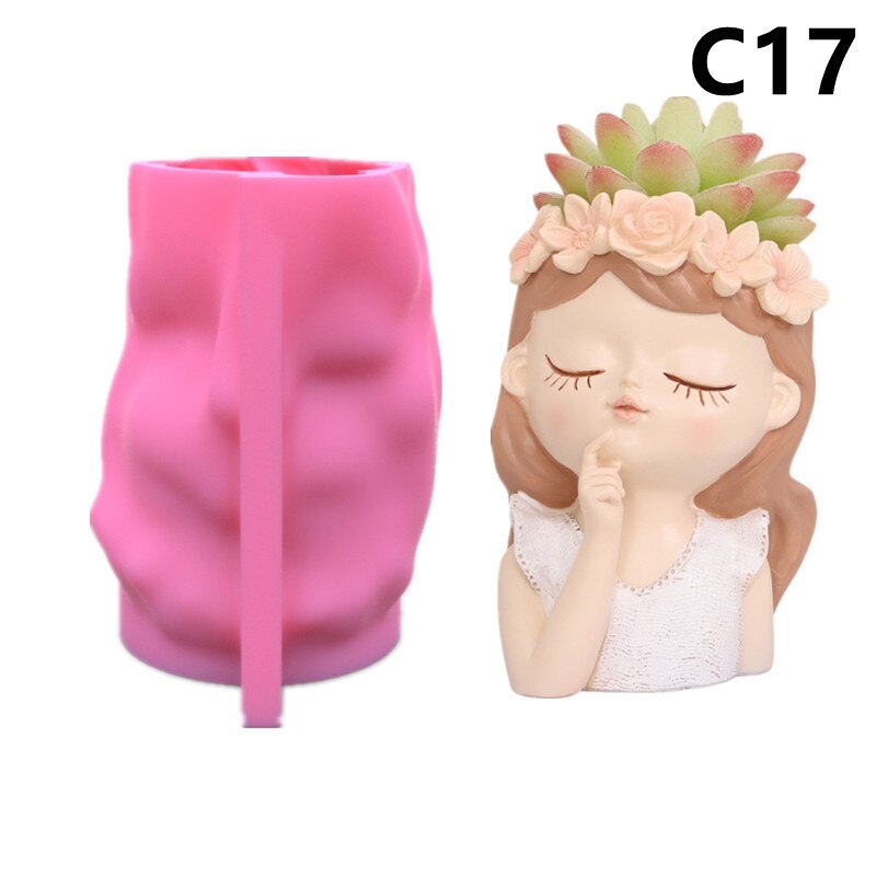 Sweet Girls Clay Flowerpot Silicone Mold Art Sculpture Flower Pot Concrete Cement Resin Molds Pen Storage Box Making Mould: C17