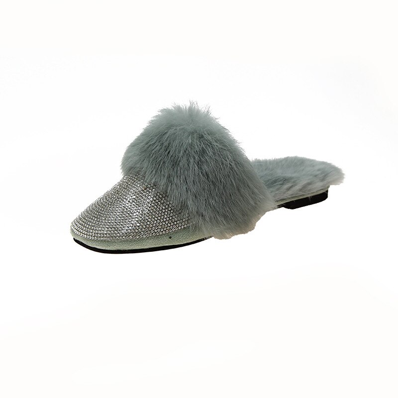Ronde Neus Haar Schoenen Vrouwen Luxe Strass Bont Crystal Slippers Diamant Muilezels Anti Op Half Slippers Flats Schoenen: green / 5