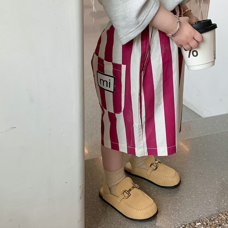 Kids Zomer Verticale Streep Losse Kalf Lengte Broek Jongens En Meisjes Katoen Alle-Match Wijde Pijpen Midden Broek: rose red / 6T