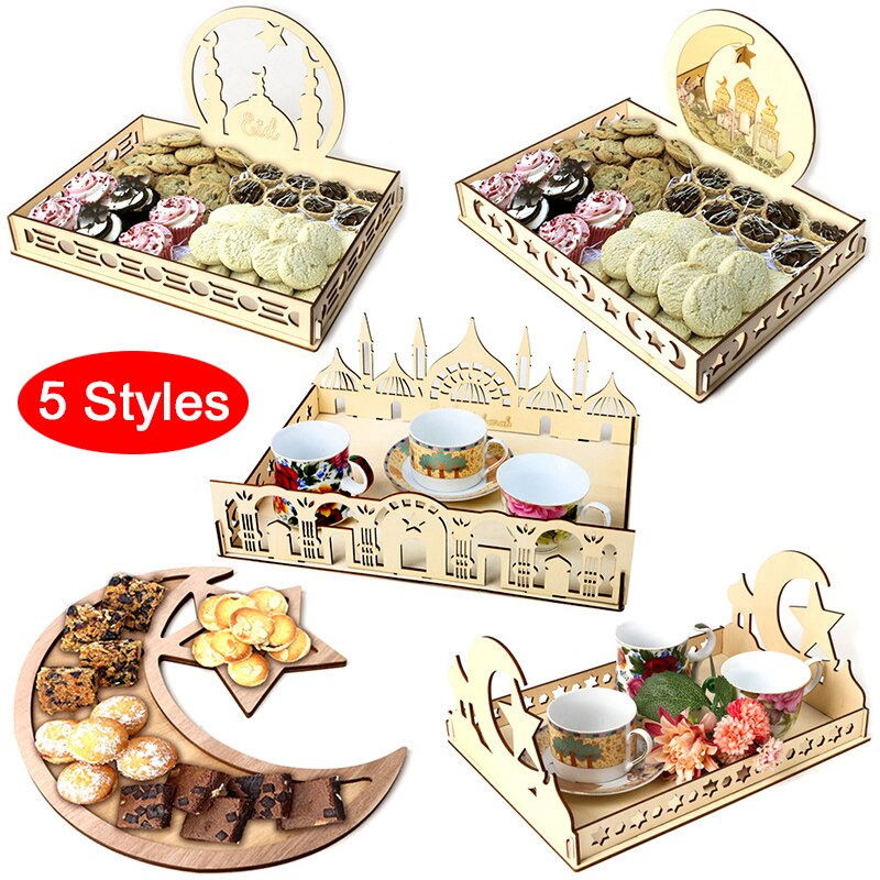 Eid Decoratie Houten Diner Plaat Thuis Ramadan Voedsel Dienblad Moon Star Eid Ramadan Home Party Dessert Decor