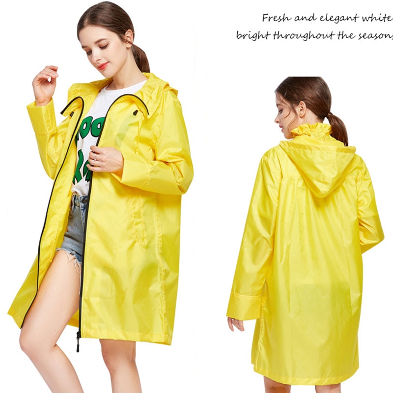 Waterproof Yellow Raincoat Women Ladies Girls Outdoors Rain Poncho with Zipper Hooded Adults Impermeable Rain Coat Jacket 60A046