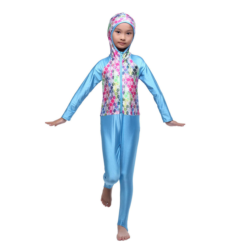 Burkini Meisje 10 Jaar Moslim Mode Badmode Bescheiden Badpak Bloemen Wave Poit Een Stuk Badpak Met Hoed Lange Mouw burkini muslim swimwear moslim mode boerkini dames borkini muslim swimwear: sky blue / S