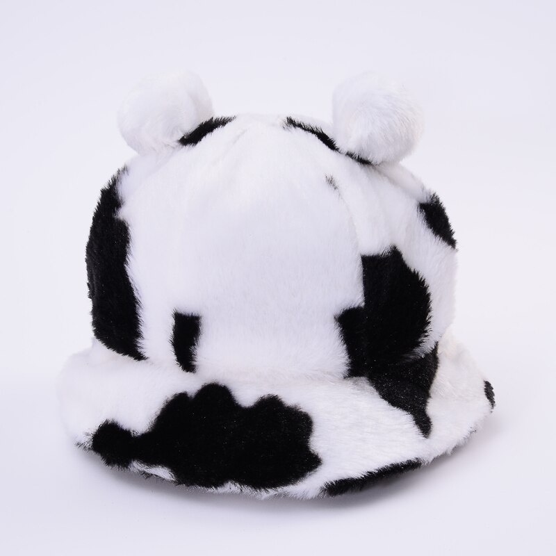 Vinter leopard bjørn øre spand hat kvinder tyk varm imiteret pels fiskekasketter bob piger plys blød panama vinter hat: Balck hvid ko øre
