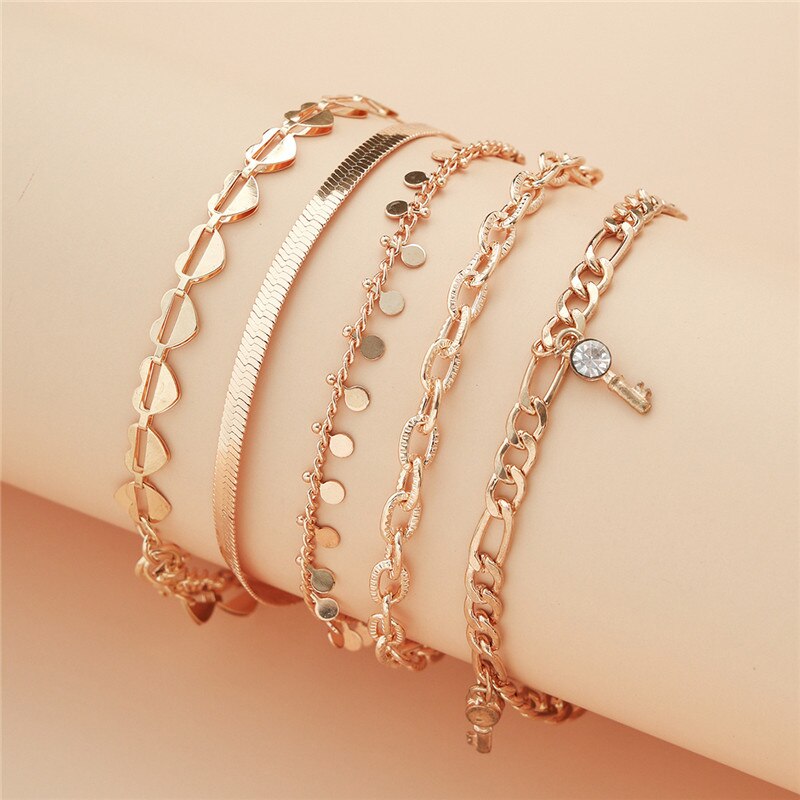 5 stk/sæt vintage boheme guld fodlænker til kvinder unikke slange kæde hjerte nøgle disk kæde ankel armbånd kvindelige smykker