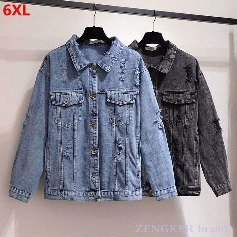 Chaqueta vaquera rasgada de talla Extra grande para mujer, chaqueta vaquera holgada, abrigo superior, 5XL, 6XL