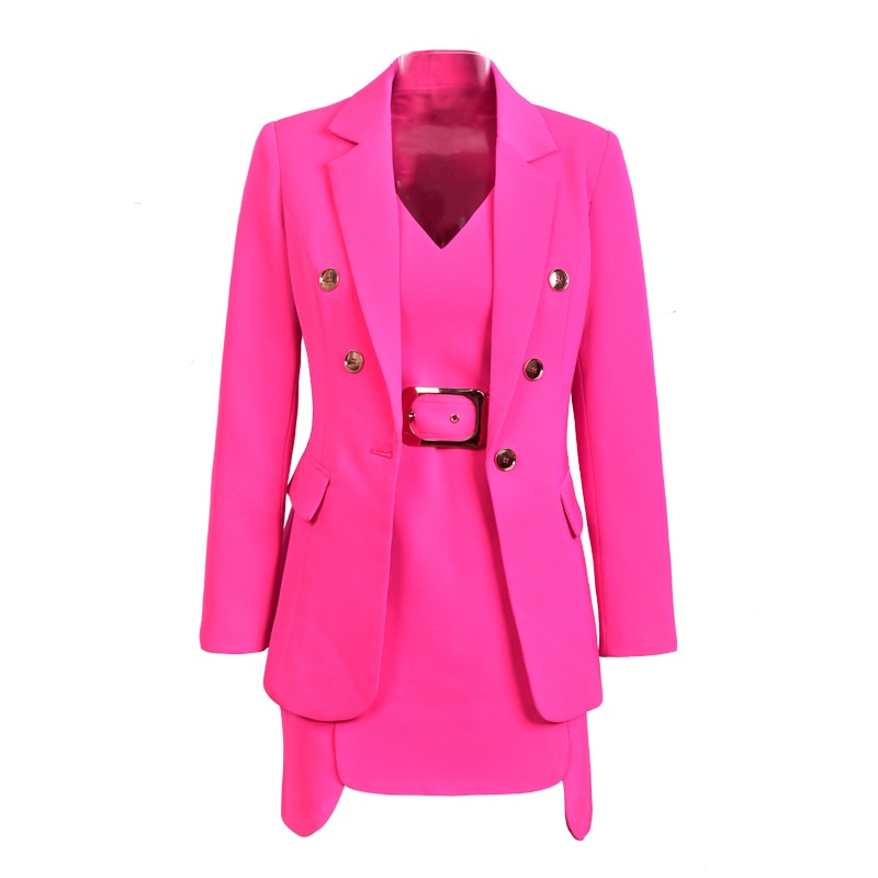 Deat efterår fuchsia kvinder lang blazer hvid landingsbane kjole jakkesæt outfits todelt sæt med bælte  mg611