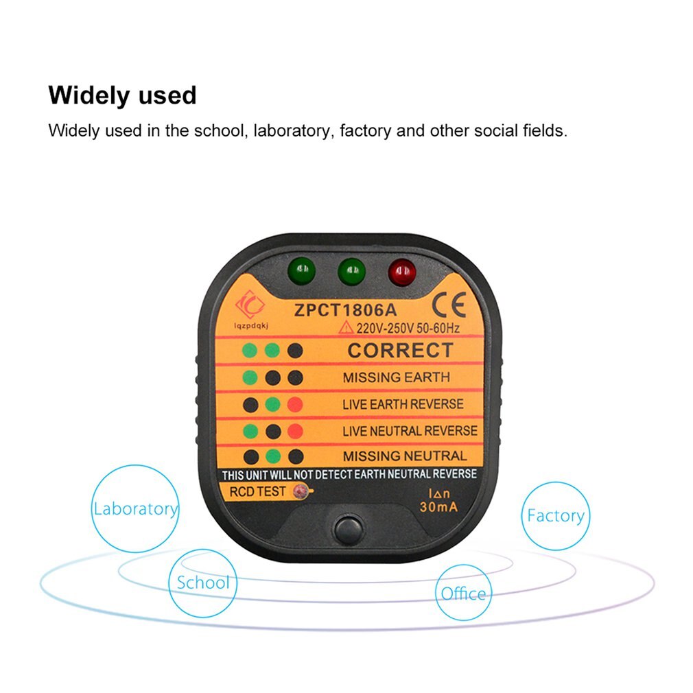 ZPCT1806B Outlet Socket Tester Detector Circuit Polarity Voltage Plug Breaker EU Ground Zero Line Switch Safety Electroscope