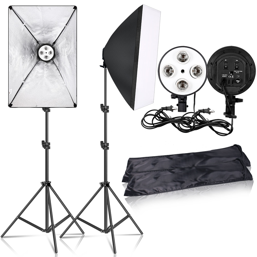 Tripod Softbox 4 Lamp Holder Light Box Lighting Kit Photography Flash 50x70CM E27 Base Camera Feflector Photo Video Shooting