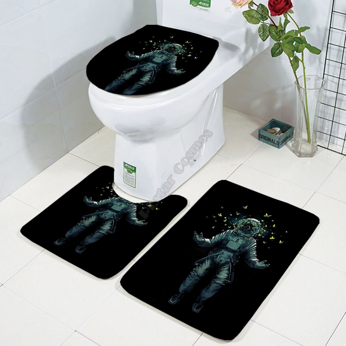 Galaxy astronaut Three-piece set 3D printed Bathroom Pedestal Rug Lid Toilet Cover Bath Mat Set 03: 10