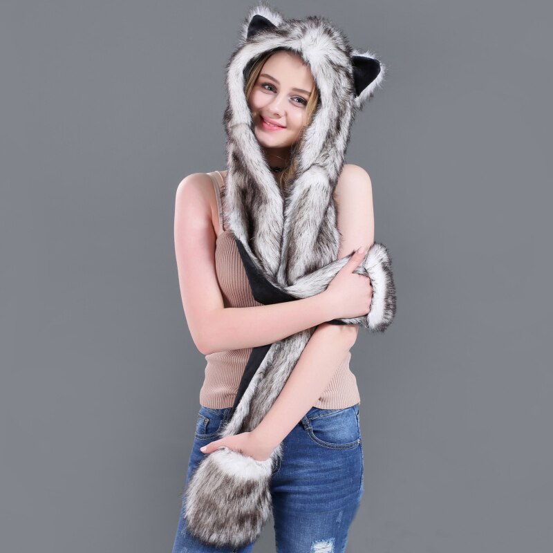 Sh002 pluche imitatiebont mutsen dames heren schattige dieren muts warme winter muts met lange wanten sjaal muts handschoenen set winter oorkleppen muts