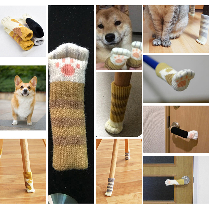 Sticka stol benstrumpor skor för katter skyddsskydd förhindrar kattklor stickade hemmöbler halkfria klöshandskar 4 st/set v