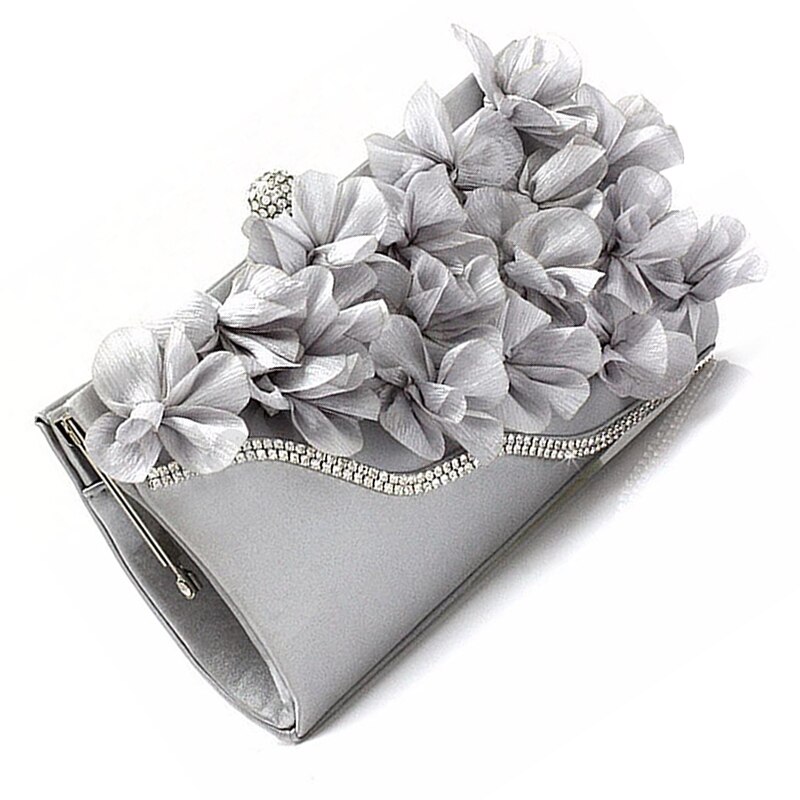 Lady Satin Clutch Bag Bloem Avond Party Wedding Purse Chain Schouder Handtas Kleuren: Zilver