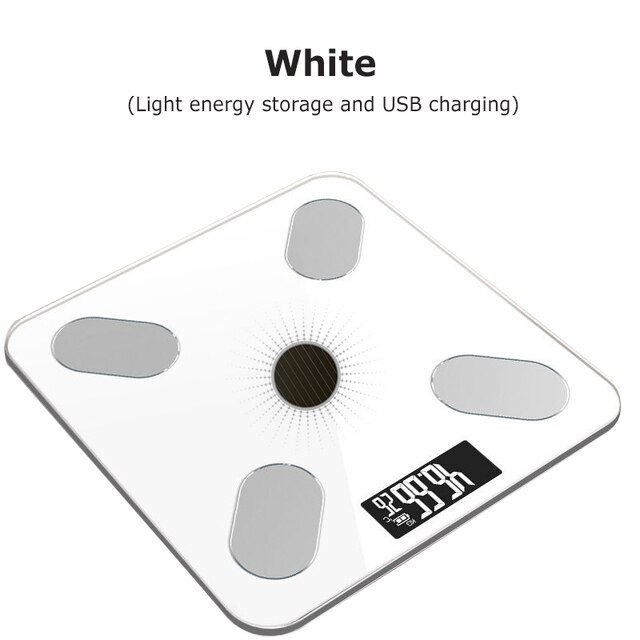 Nouvelle échelle de poids électronique Bluetooth Smart APP analyseur de mesure de graisse de santé humaine balance professionnelle de bio-impédance charge USB solaire: WHITE