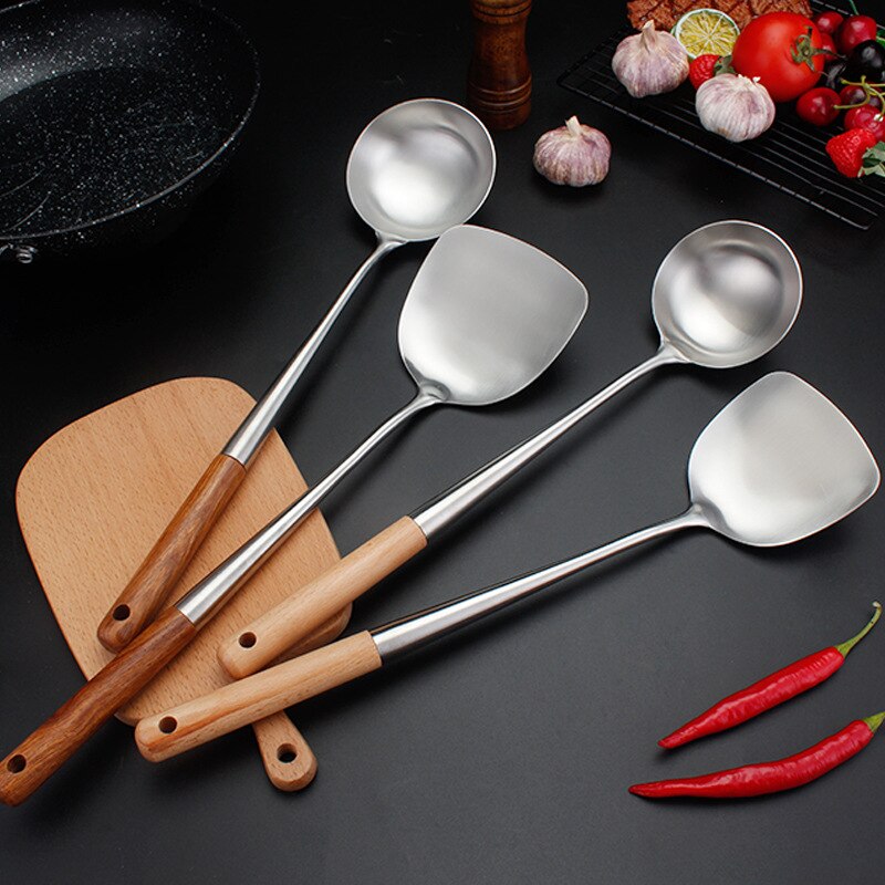 304 Stainless Steel spatula spoon with wooden handle lengthened cooking spoon anti-scalding cooking shovel kitchenware