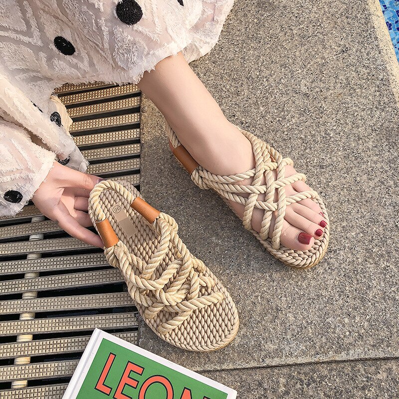 Women Sandals Summer Shoes Woman Flat Sandals Hemp Rope Lace Up Gladiator Sandals Non-slip Beach Chaussures Femme