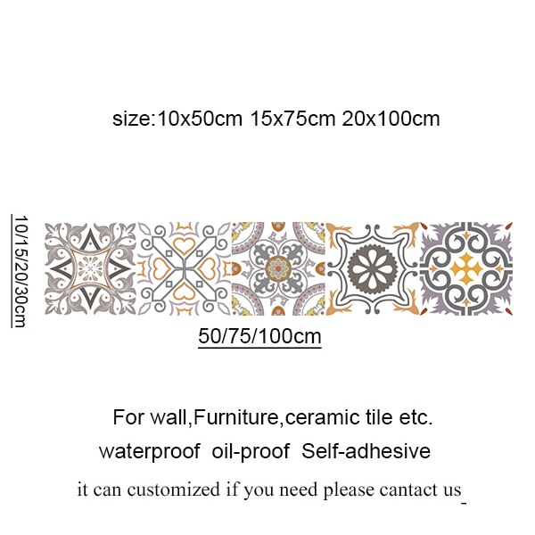 20 x 100cm pvc vægklistermærke spansk stil retro badeværelse vandtæt arabisk selvklæbende tapet gulvmosaik fliser klistermærker væg: 5 / 15 x 75cm