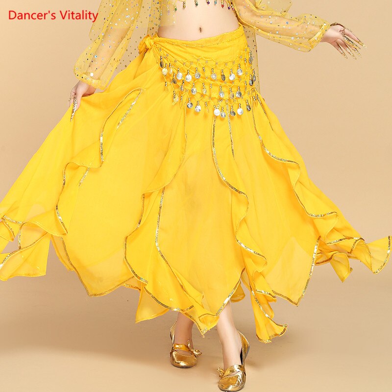 Falda de danza del vientre para mujer, falda de entrenamiento para adultos, Pantalones de danza del vientre, Tribal, lentejuelas, barata, nueva de: Amarillo