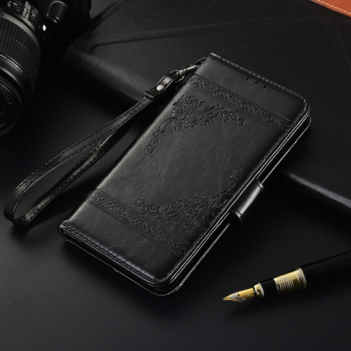 Nouvelle coque portefeuille à rabat avec sangle, étui spécial en cuir PU avec motif de fleurs en relief: Black YL