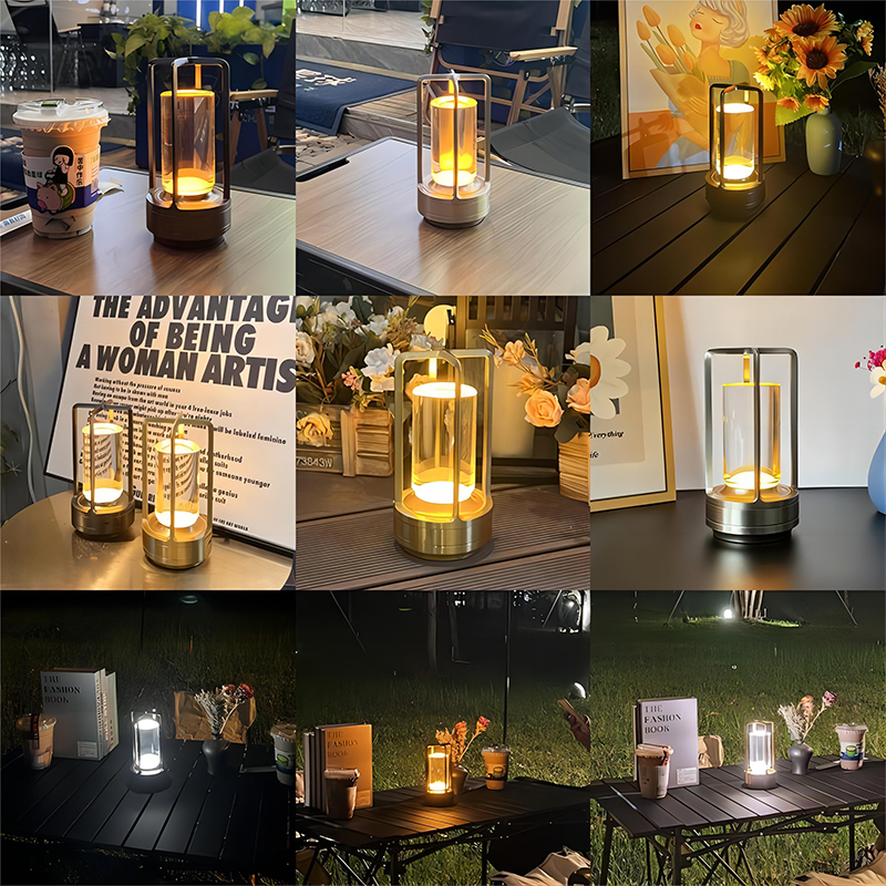 LED-lantaarn metalen frame tafellamp onzichtbare aanraakbediening modern draagbaar nachtlampje oplaadbaar met kristallen kolom LED-lamp