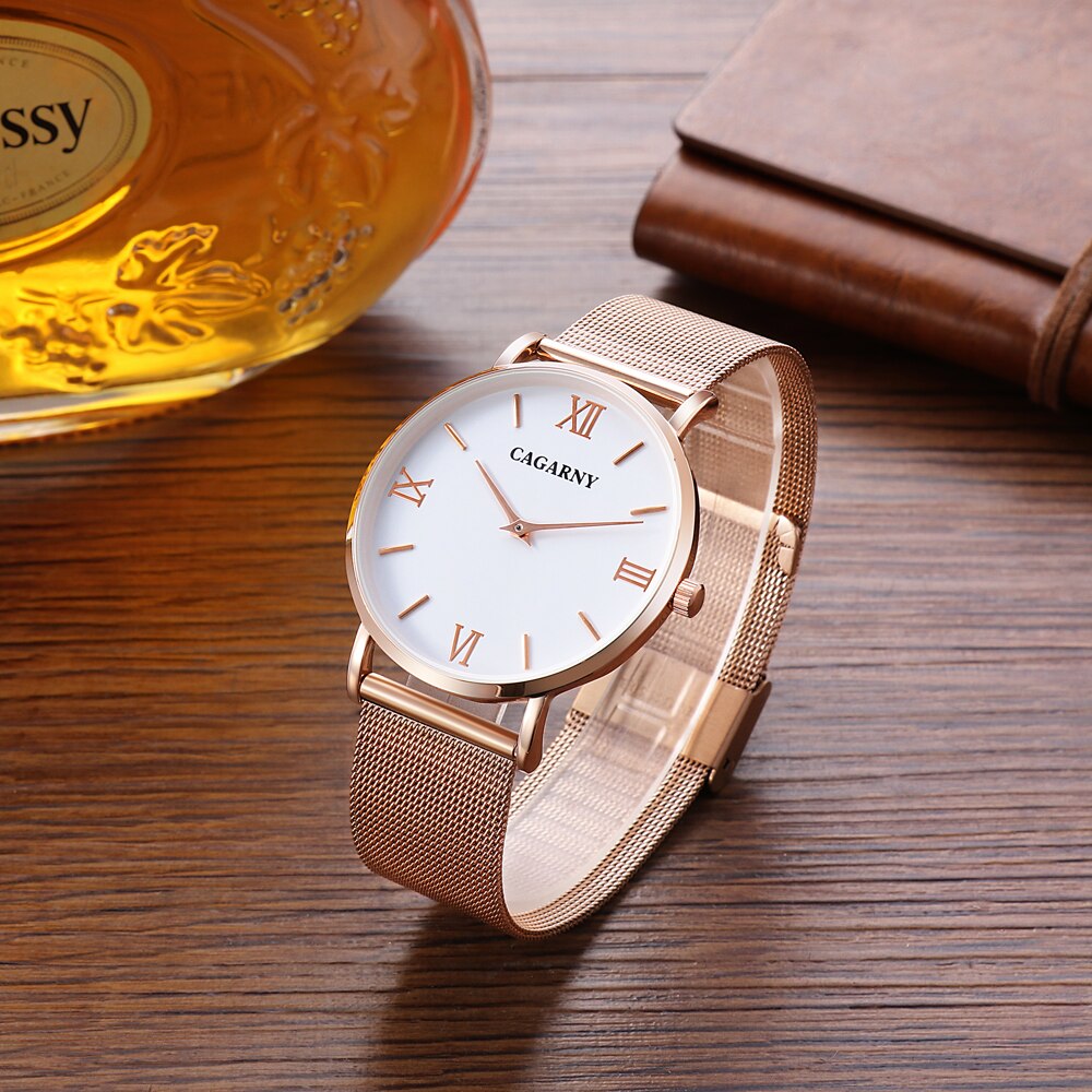 Cagarny Ultra-Dunne Horloge Mannen Vrouwen Rvs Mesh Band Rose Gold Horloges Lover &#39;S Koppels horloge