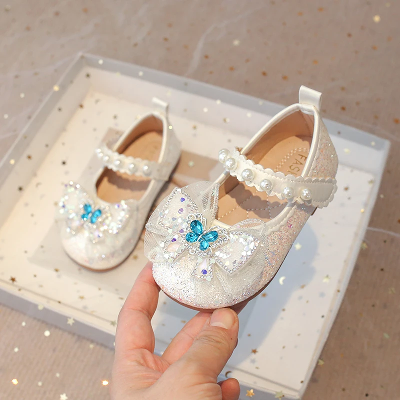 Slip-on sandaler för småbarn för flickor med diamanter, glänsande sandaler, skor med rosett, höga klackar, tofflor för flickor, snygga