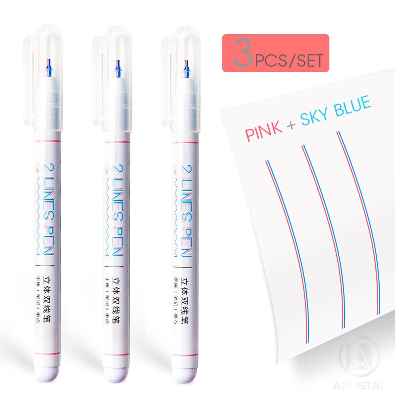 Andstal 2 linjers kuglepen sæt 0.5mm doule line art markør pen fine liner markører fineliner farve blæk tegne scrapbog journaling penne: 3 stk himmelblå x pink