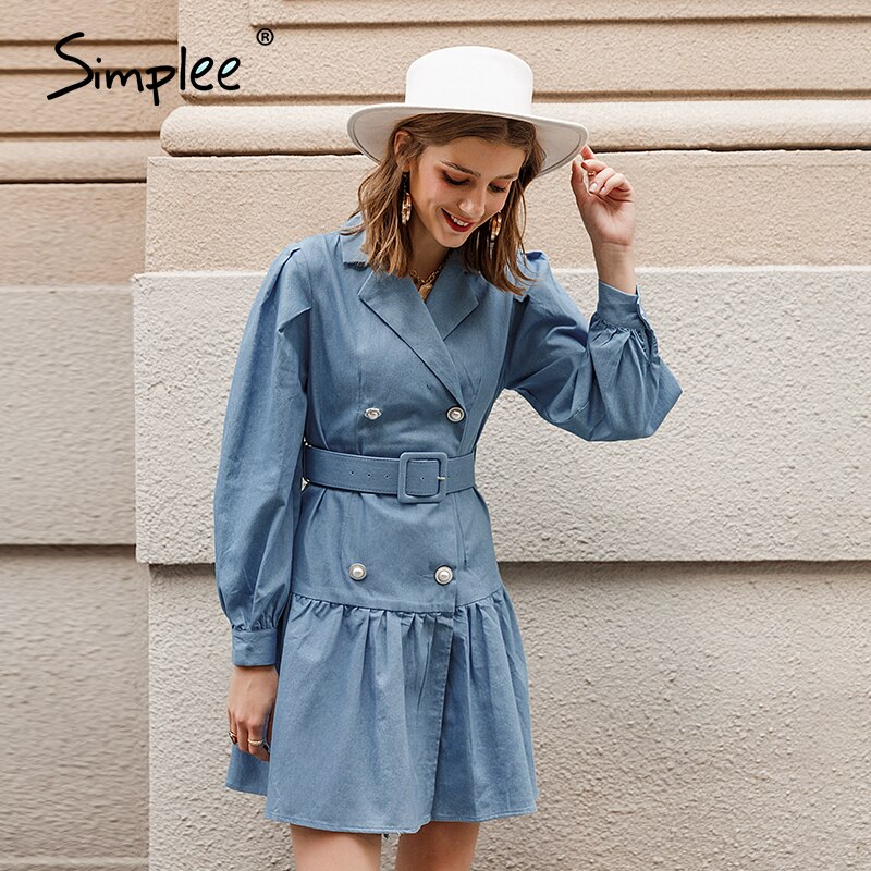 Simplee Casual traje collar mujeres denim vestido de mangas de burbujas con volantes botón femenino rodilla vestido Estilo de Calle Principal vestido a la rodilla para mujer