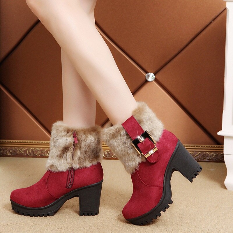 Dames enkellaarsjes winter hoge hakken zachte warme schoenen rits platform dames pumps antislip dames laarzen sneeuwlaarzen: Wijnrood / 9