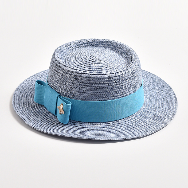 Sombreros de paja para mujer, sombrero de paja redondo con superficie irregular, Top plano con lazo, vestido, Gorra de viaje para playa, novedad de primavera y verano: Azul cielo