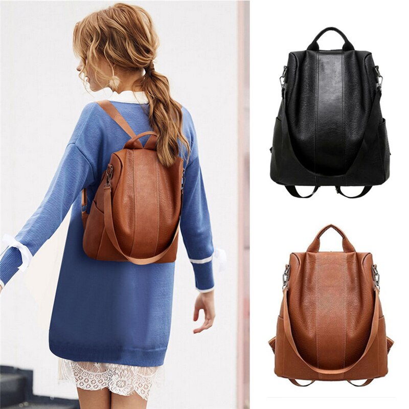 Female Anti-theft Backpack Classic PU Leather Solid Color Backpack Canta Shoulder Bag Black Brown