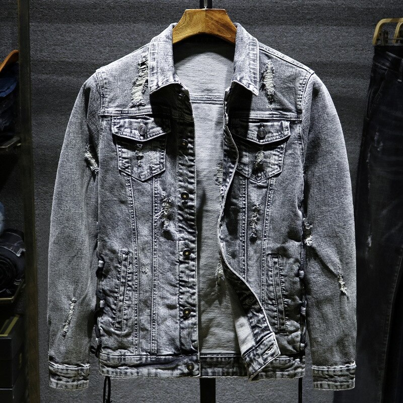 Herfst lente denim jas jassen heren gat grijs effen kleur lange mouw omslagkraag zakken retro cowboy mannelijk