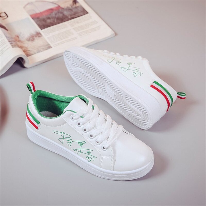 Kvinde sko kvinde pu læder sko damer åndbar sødt hjerte lejligheder fritidssko hvide sneakers  s0913