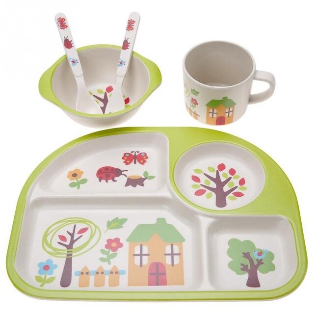 5 unids/set de bebé de fibra de bambú de placa platos respetuoso del medio ambiente para los niños vajilla de platos del bebé: family