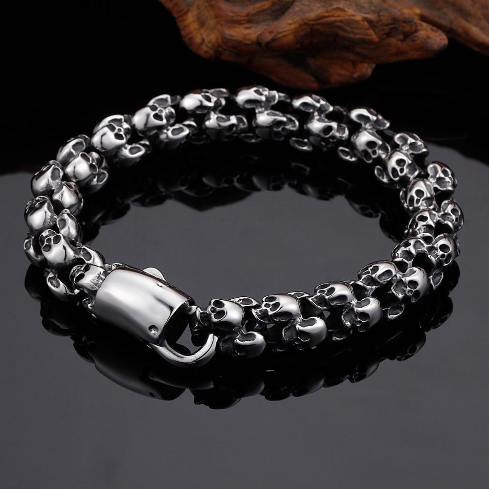Pulseras de calavera Punk de 12mm para hombre, cadena de eslabones con dije de León y esqueleto de acero inoxidable 316L, joyería gótica masculina