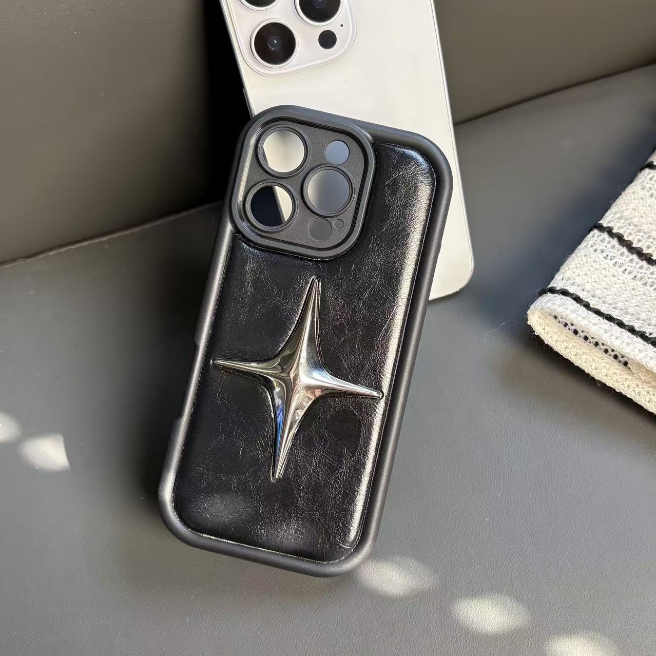 Luxe Metalen Ster PU Lederen Telefoon Cover Case Voor iPhone 16 15 14 13 12 11 Pro Max schokbestendig Beschermende Mannen Vrouwen Stijlvolle Gevallen