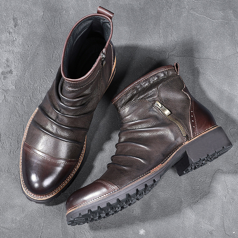 Yomior New Fashion Vintage brytyjskie męskie skórzane buty na co dzień okrągłe Toe Zip botki wiosna jesień strój biznesowy chelsea Boots
