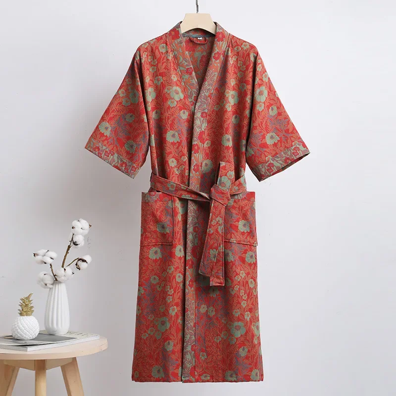 Albornoz de gasa de doble capa de algodón puro para primavera/verano, tela fina teñida, ropa de hogar para parejas, bata tipo kimono de estilo japonés, pijama: XL / Negro
