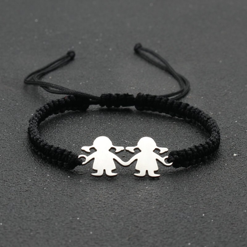 Stal nierdzewna śliczne Twin Little Girl Charm bransoletka czarna lina pleciona regulowane bransoletki dla kobiet biżuteria Mujer Pulsera: Black