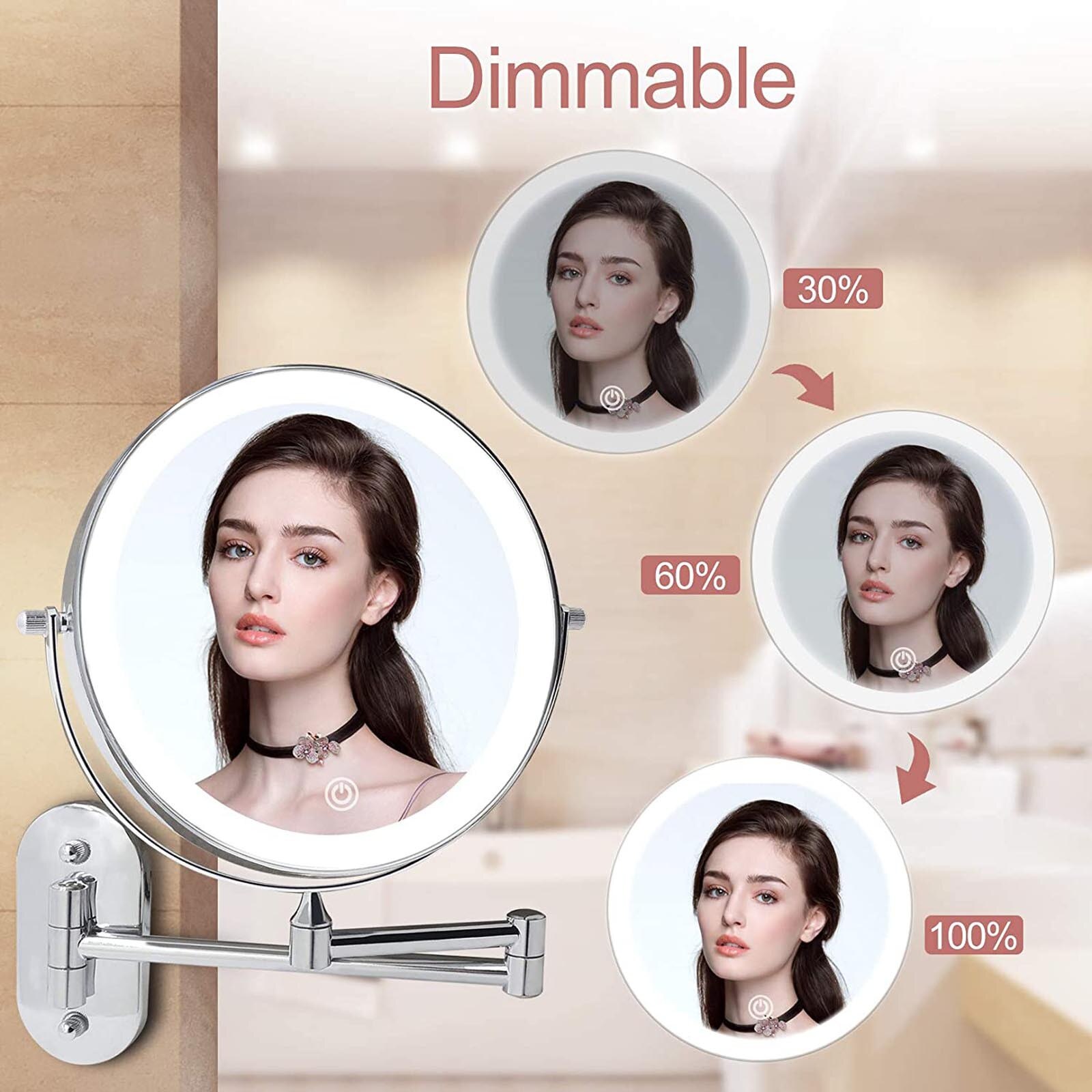 LED Wall Mounted 360° Swivel Mirror with 3 Lights and 1X 10X Magnification QW