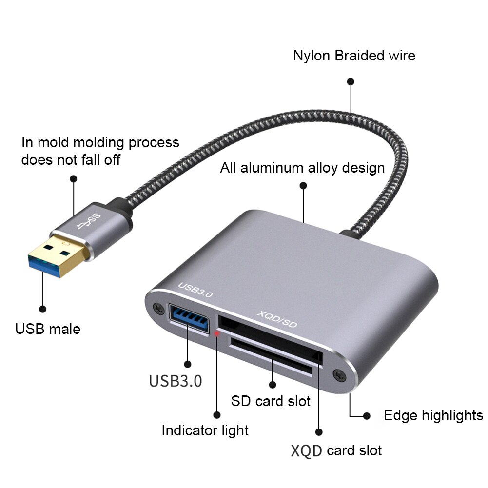 Leitor de cartões xqd portátil, liga de alumínio, vídeos, memória flash tipo c usb3.0/2.0 xqd abs para sony g series, em estoque