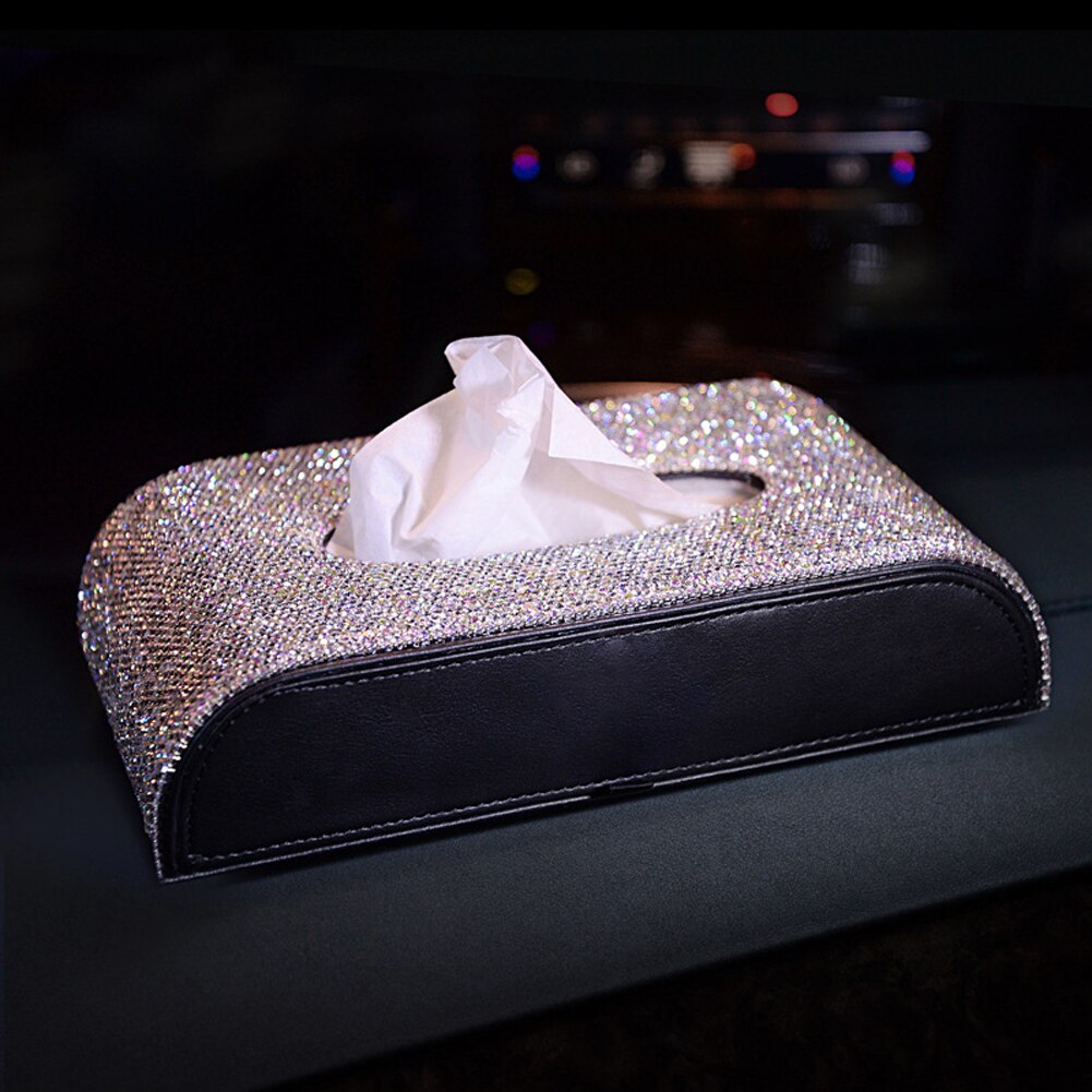 Lyxigt läder silkespapperskåpa kristall rhinestone block pappersförvaringslåda biltillbehör för kvinnor flickor